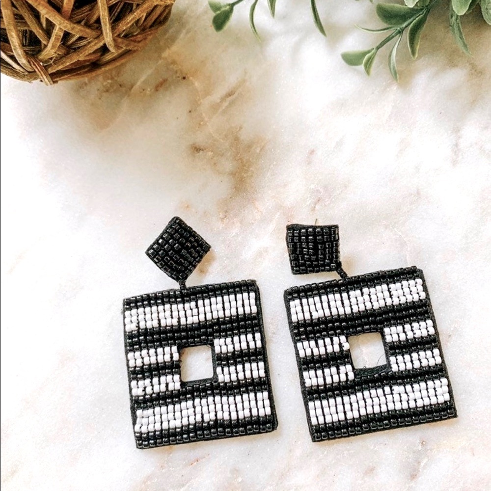 NWT Boutique Boho Beaded Black White Striped Square Geometric Statement Earrings